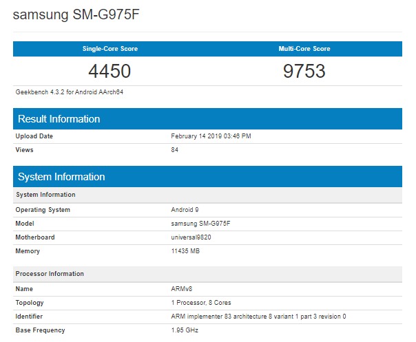 Geekbench Samsung S10+ teszt eredmény